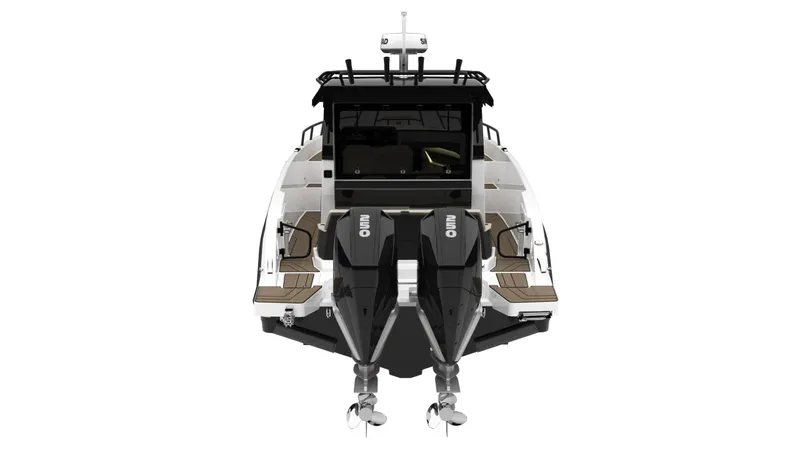 Slide: The Image of Navan C30 2025 boat, rear view with dual outboard motors, sleek design. - 23