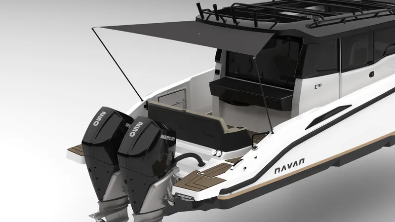 Slide: The Image of Navan C30 2025 boat with dual outboard motors and sleek design. - 26