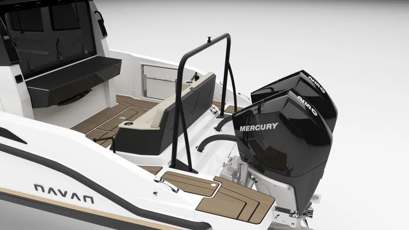 Slide: The Image of 2025 Navan C30 boat with dual Mercury outboard engines, featuring sleek design and modern seating. - 27