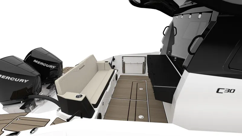 Slide: The Image of 2025 Navan C30 boat interior with Mercury engines, featuring seating and modern design elements. - 29