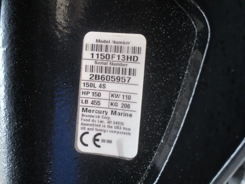 Slide: The Image of Label on Mercury Marine engine, model 1150F13HD, serial 2B605957, 150 HP, for Sun Tracker SPORT FISH 22 XP3. - 17