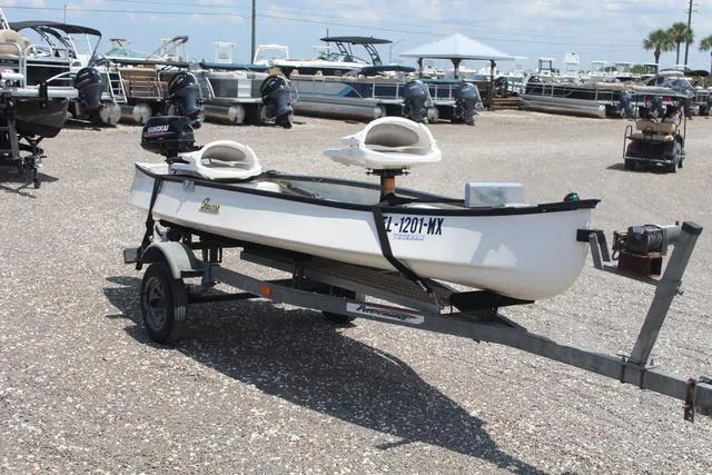 Slide: The Image of 2006 Gheenoe 13 boat on trailer in a marina parking lot. - 3