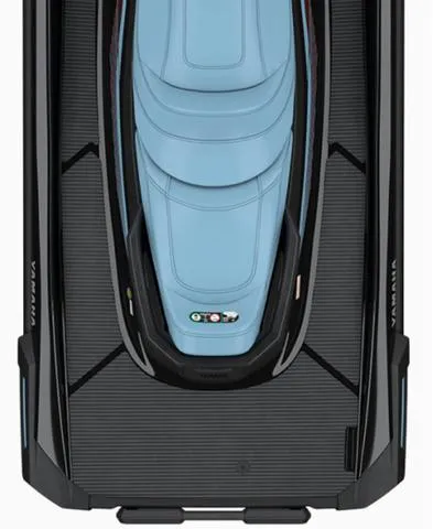Slide: The Image of 2025 Yamaha Marine Waverunner VX1050C-BA, top view, sleek design, blue seat, black body. - 4