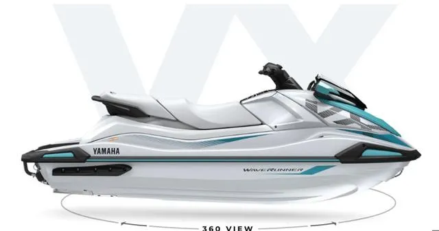 Slide: The Image of 2025 Yamaha Marine Waverunner VX1050F-B, sleek white and teal design, side view. - 3