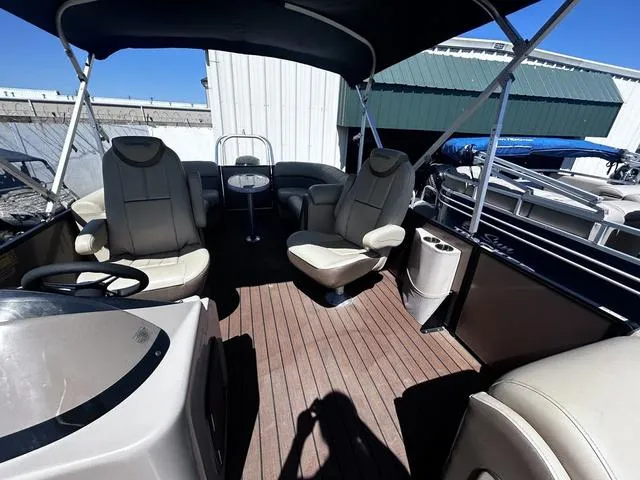 Slide: The Image of 2019 Bentley Pontoons 223 Bentley Elite Admiral interior with seating and canopy. - 14