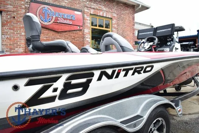 Slide: The Image of 2015 Nitro Z Series Z-8 boat at Thayer's Marine, featuring sleek design and branding. - 12