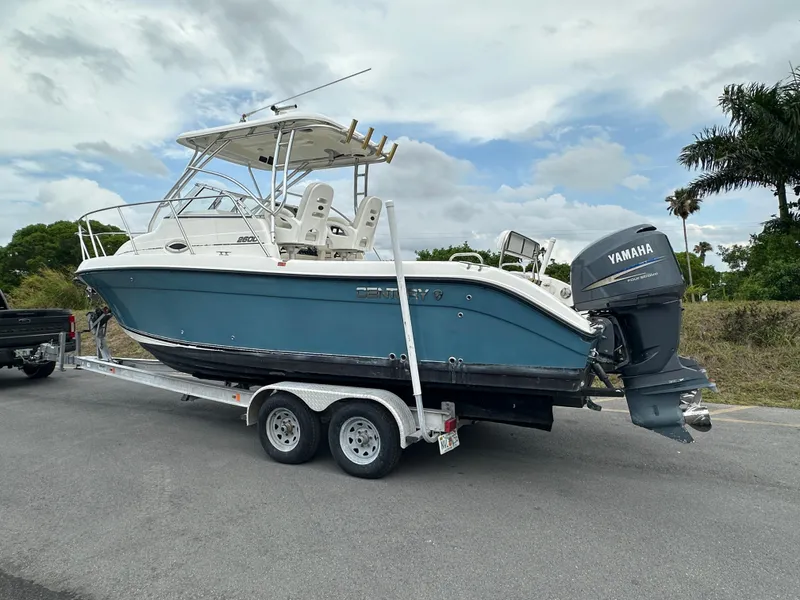Slide: The Image of 2008 Century 2600 Walkaround boat on trailer with Yamaha outboard motor. - 2