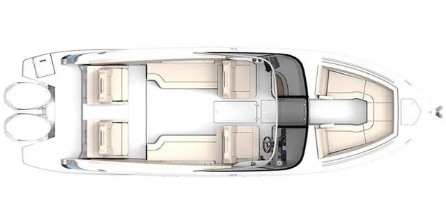 Slide: The Image of Top view of 2025 Regal LX9 boat layout with spacious seating and dual engines. - 2