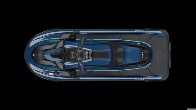 Slide: The Image of 2025 Yamaha Waverunner VX Cruiser HO, top view, sleek blue design on black background. - 10