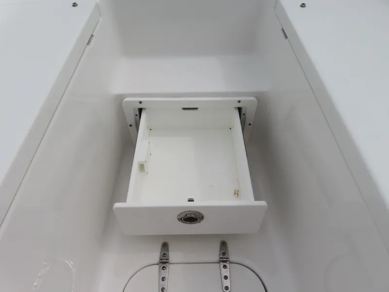 Slide: The Image of 2023 Sea Hunt Gamefish 25 boat storage compartment, open and empty. - 14