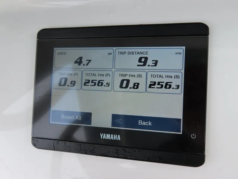 Slide: The Image of Yamaha display on 2023 Sea Hunt Gamefish 25 showing trip data and fuel usage. - 26