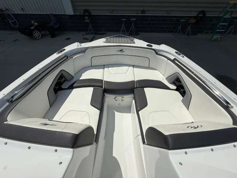 Slide: The Image of 2018 Monterey M-45 boat interior with white and black seating. - 22