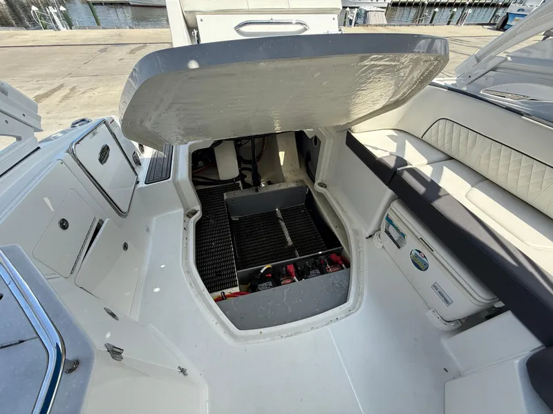 Slide: The Image of Open storage compartment on a 2018 Monterey M-45 boat, showcasing interior details. - 9