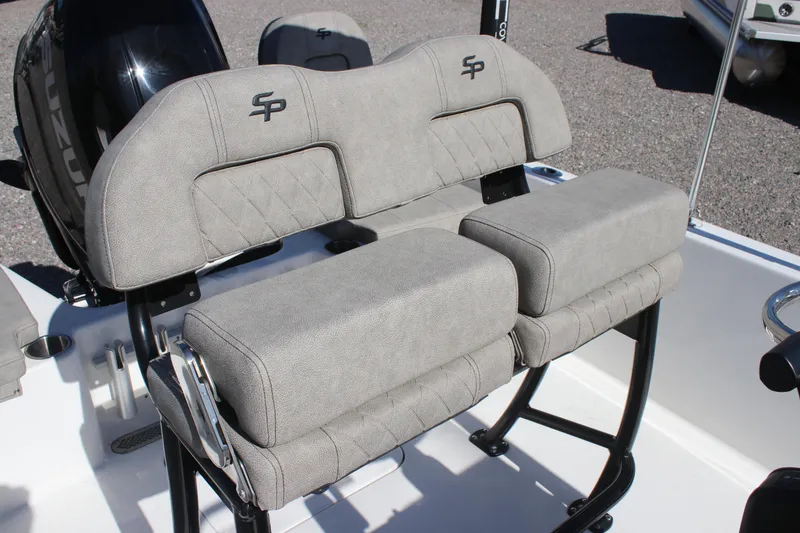 Slide: The Image of 2024 Sea Pro 202 CC boat seating with gray upholstery and black frame. - 14