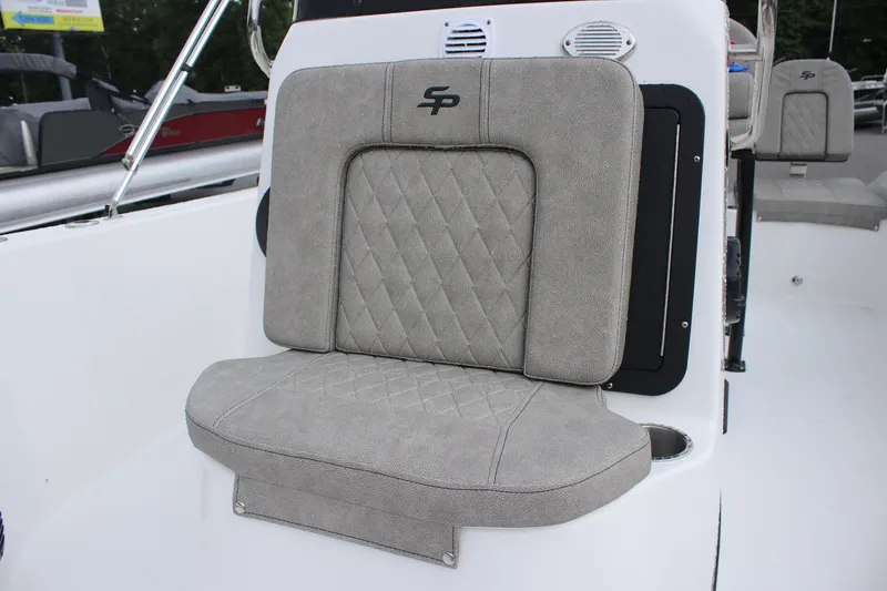 Slide: The Image of 2024 Sea Pro 202 CC boat seat with gray upholstery and diamond stitching. - 16