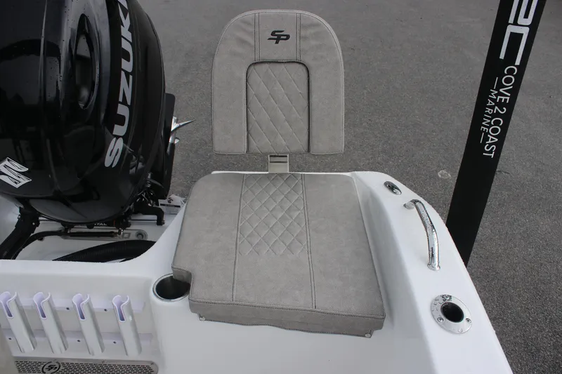 Slide: The Image of 2024 Sea Pro 202 CC boat seat with Suzuki engine, featuring diamond-pattern upholstery. - 24