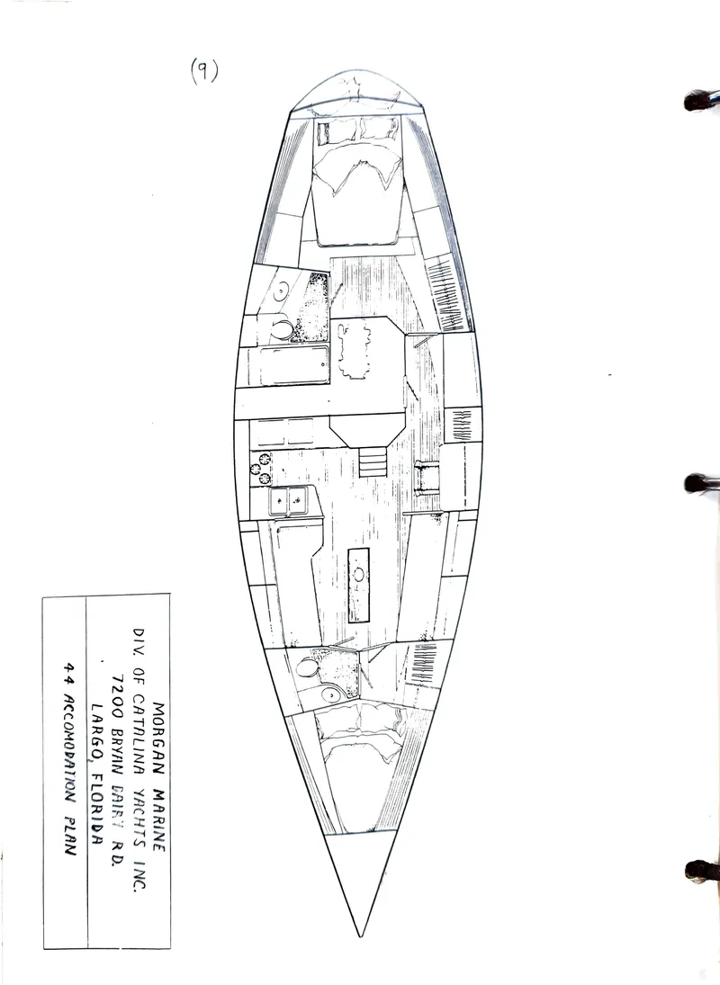 Slide: The Image of 1989 Morgan 44 Center Cockpit yacht accommodation plan, detailed interior layout. - 13