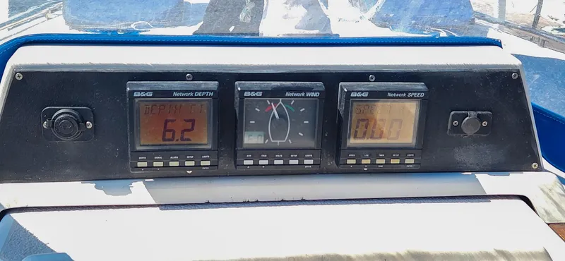 Slide: The Image of 1989 Morgan 44 Center Cockpit boat dashboard with B&G navigation instruments. - 42