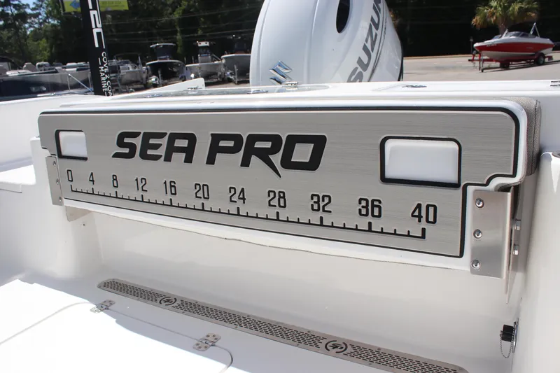 Slide: The Image of 2025 Sea Pro 222 boat with built-in measuring ruler on deck. - 13