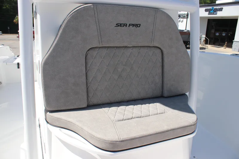 Slide: The Image of 2025 Sea Pro 222 boat seat with gray cushioned upholstery. - 24