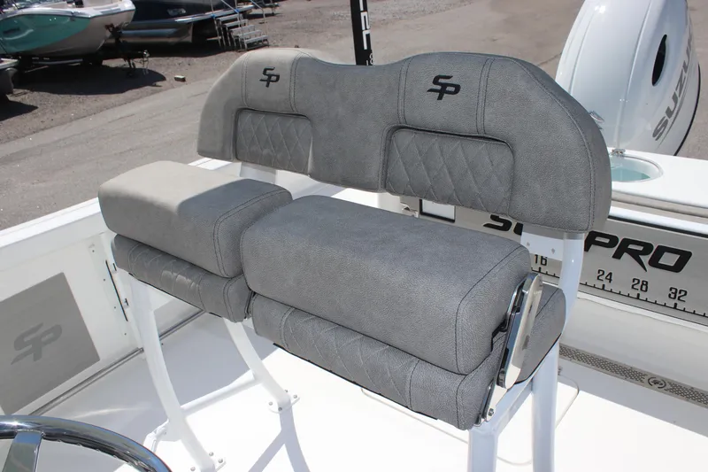Slide: The Image of 2025 Sea Pro 222 boat seating with gray cushioned bench and backrest. - 9