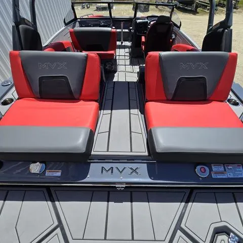 Slide: The Image of 2024 Starcraft MVX IO SURF boat interior with red and gray seating. - 17