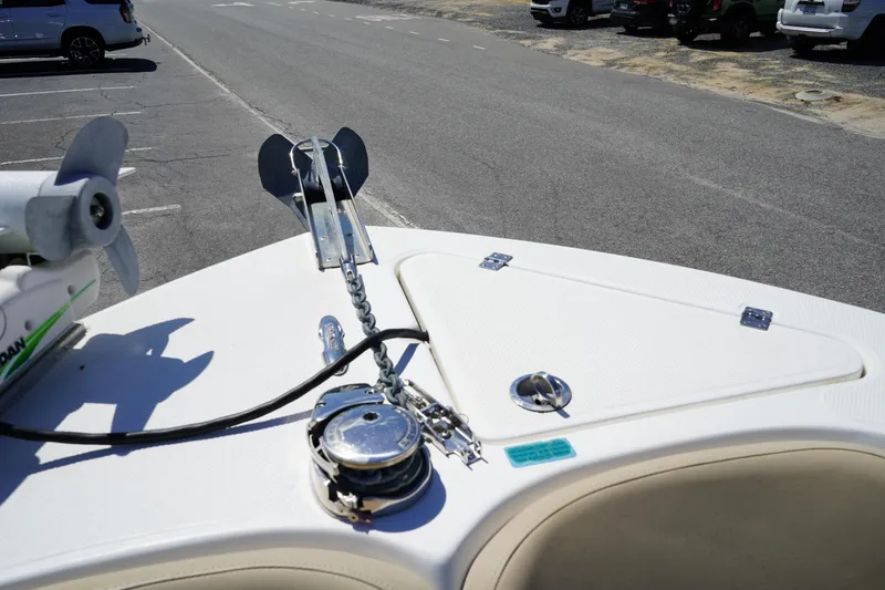 Slide: The Image of Bow of 2016 Sea Fox 246 Commander boat with anchor and winch in a parking lot. - 44