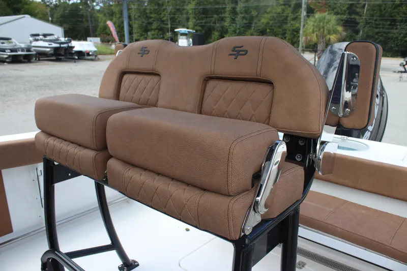 Slide: The Image of 2025 Sea Pro 222 boat seat with brown leather upholstery and diamond stitching. - 13