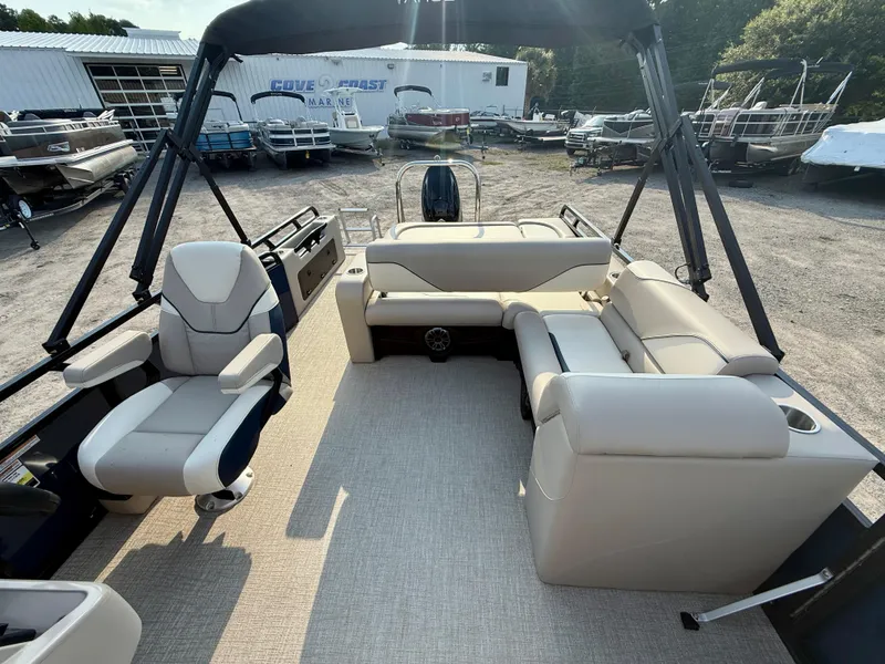 Slide: The Image of 2025 Tahoe Pontoon Sport 85 Versatile Rear Bench with spacious seating and modern design. - 13