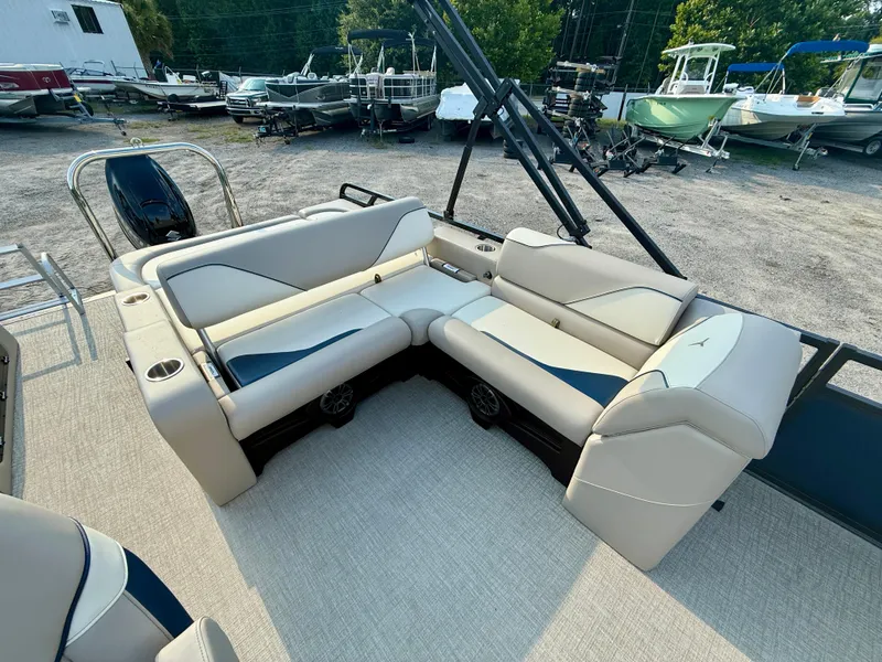 Slide: The Image of 2025 Tahoe Pontoon Sport 85 Versatile Rear Bench with stylish seating and modern design. - 14