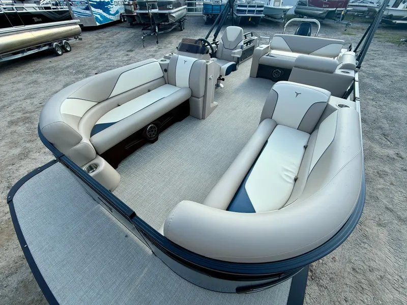 Slide: The Image of 2025 Tahoe Pontoon Sport 85 Versatile Rear Bench with spacious seating and modern design. - 17