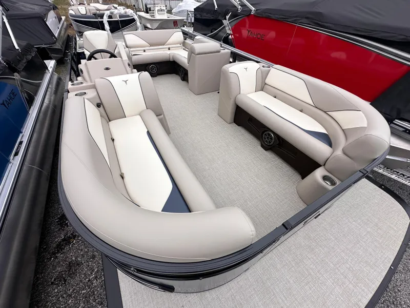 Slide: The Image of 2025 Tahoe Pontoon Sport 85 Versatile Rear Bench with spacious seating and modern design. - 9