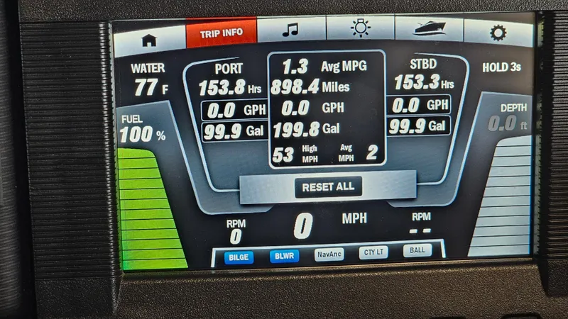 Slide: The Image of Dashboard display of a 2017 Yamaha Boats 212X showing trip info and fuel levels. - 21