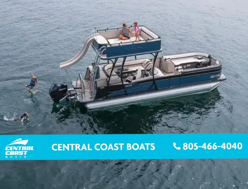 Slide: The Image of 2024 Avalon Catalina Entertainer Funship with slide on water, Central Coast Boats contact info. - 1