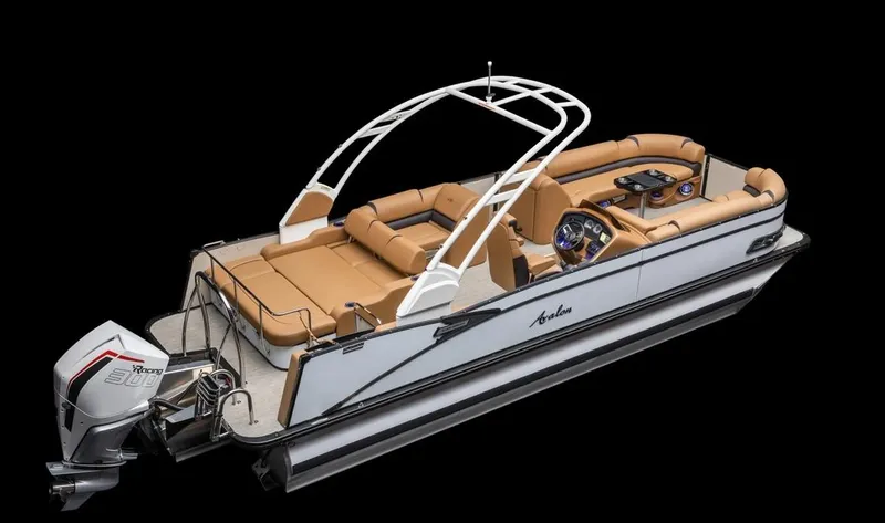 Slide: The Image of 2024 Avalon Excalibur LTD Elite Windshield boat with luxurious seating and modern design. - 24