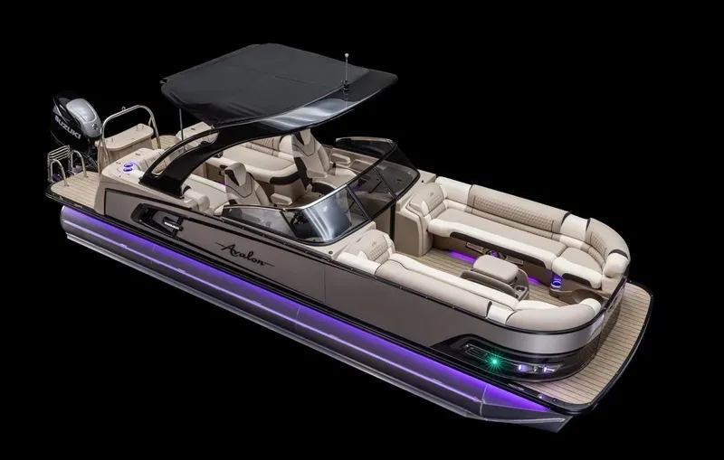 Slide: The Image of 2024 Avalon Excalibur LTD Elite Windshield boat with luxurious seating and sleek design. - 25