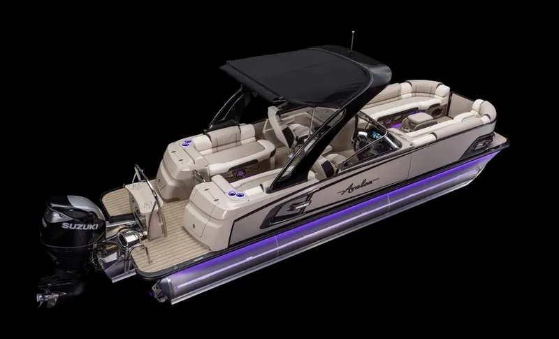 Slide: The Image of 2024 Avalon Excalibur LTD Elite Windshield pontoon boat with Suzuki engine, elegant design. - 26