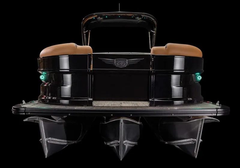 Slide: The Image of 2024 Avalon Excalibur LTD Elite Windshield boat, rear view, sleek design, black finish. - 28