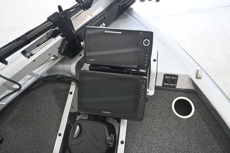 Slide: The Image of 2024 Vexus AVX2080 boat dashboard with Humminbird and Garmin navigation systems. - 3