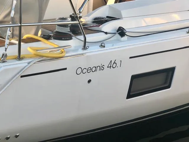 Slide: The Image of 2023 Beneteau Oceanis 46.1 sailboat, close-up of deck and hull details. - 21