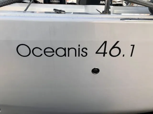 Slide: The Image of 2023 Beneteau Oceanis 46.1 yacht, sleek design with visible branding. - 47
