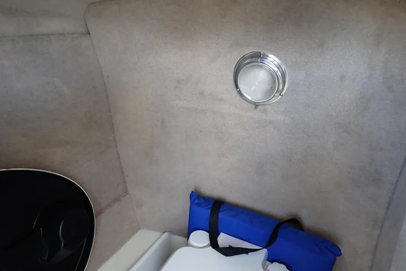 Slide: The Image of Interior of 2021 NauticStar 223 DC boat with light fixture and blue bag. - 27