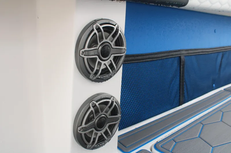 Slide: The Image of 2024 Fountain 34 SC boat speakers and seating detail. - 42