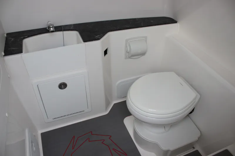 Slide: The Image of 2024 Fountain 32 NX boat bathroom with sink and toilet, featuring modern design. - 21