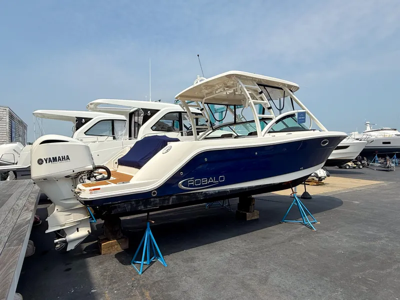 Slide: The Image of 2020 Robalo R317 Dual Console boat with Yamaha engine on display at a marina. - 25