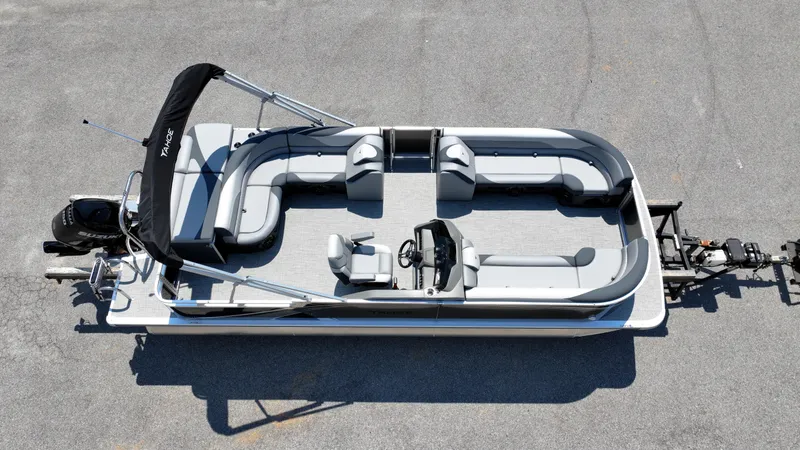 Slide: The Image of 2025 Tahoe Pontoon LTZ Cruise boat, aerial view, sleek design, spacious seating, modern features. - 4