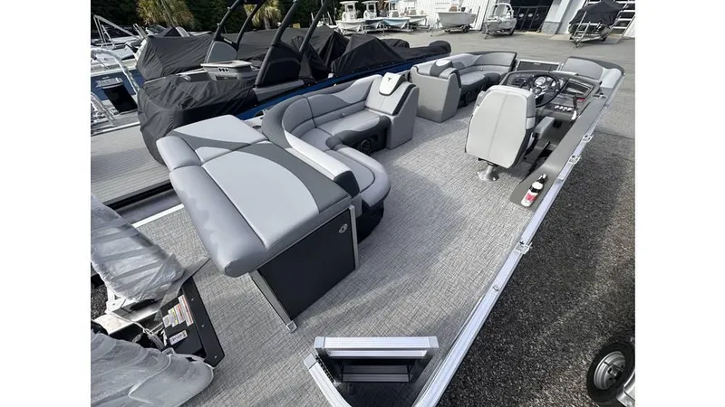 Slide: The Image of 2025 Tahoe Pontoon LTZ Cruise with modern seating and sleek design. - 8