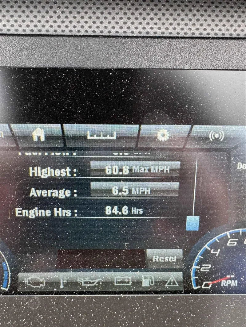 Slide: The Image of Dashboard of 2019 Yamaha AR195 showing max speed 60.8 MPH, average 6.5 MPH, 84.6 engine hours. - 9