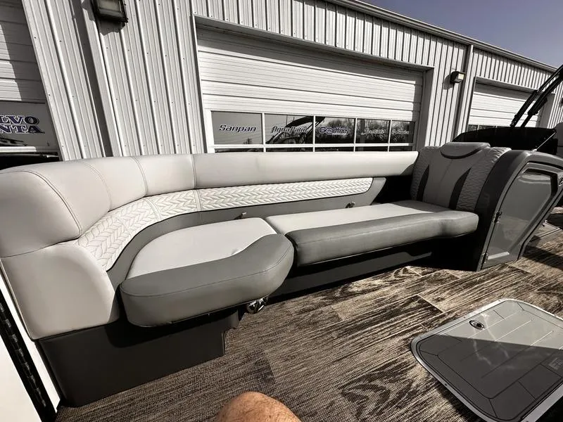 Slide: The Image of Luxurious seating on 2025 Godfrey Monaco 255 DFL iMPACT pontoon boat, featuring modern design. - 13