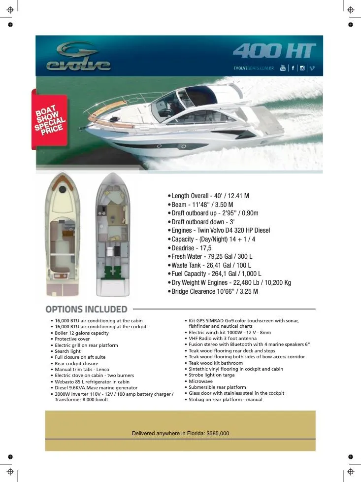 Slide: The Image of Evolve 400HT 2022 boat brochure with specifications and special price offer. - 35